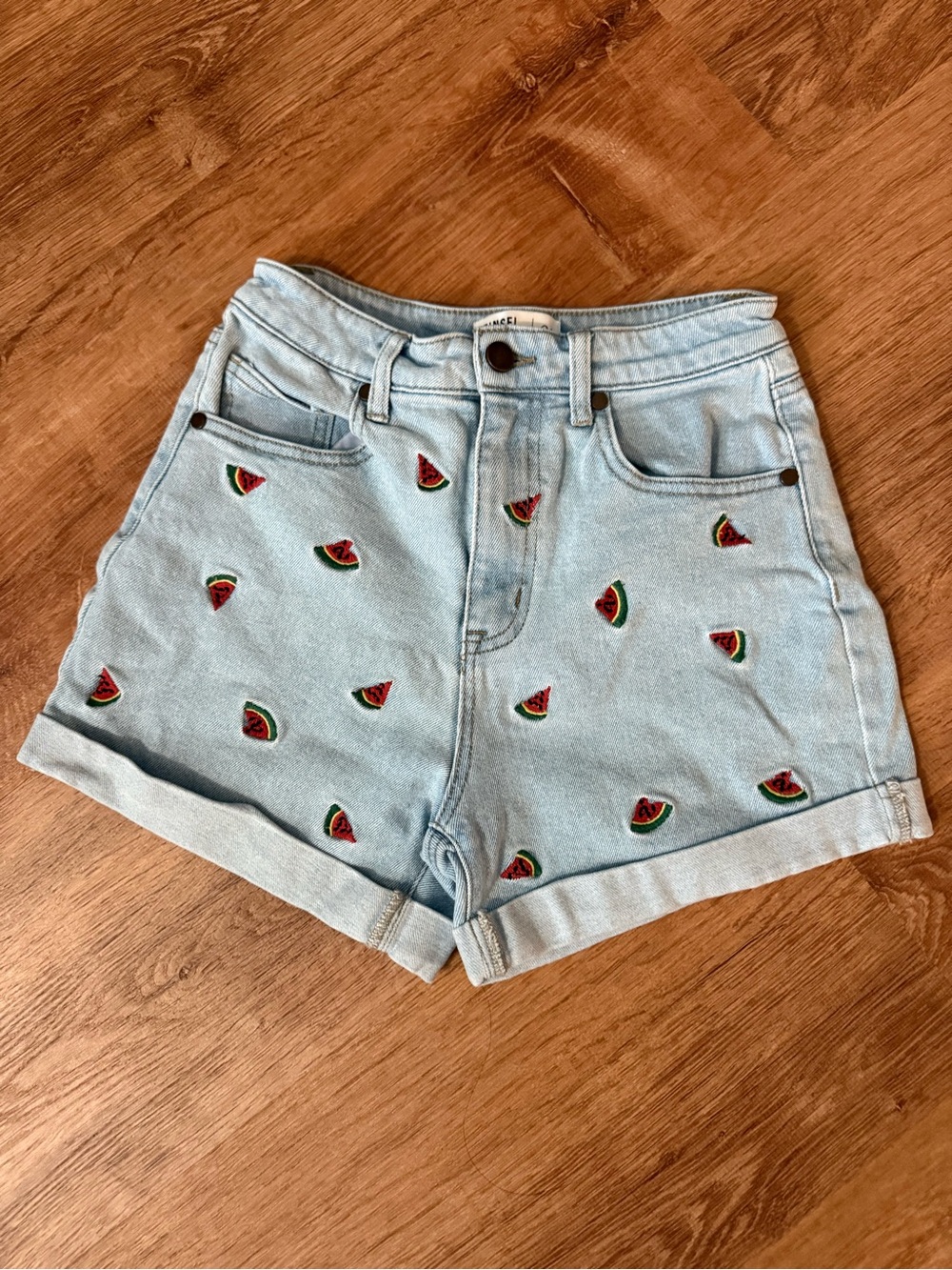 Tinsel Light Blue Denim Shorts with Watermelon Embroidery